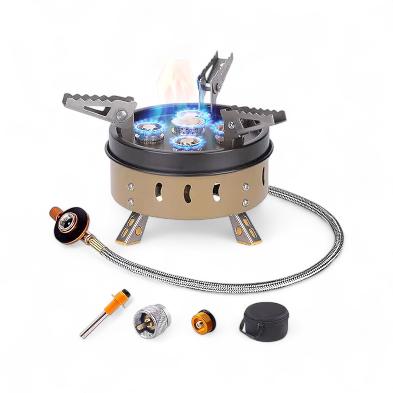 Mini Camping Stove –11000W Portable Camping Stove – Windproof Stainless Steel Backpacking Gas Burner, Foldable Outdoor Stove Compatible with Butane & Propane Canisters