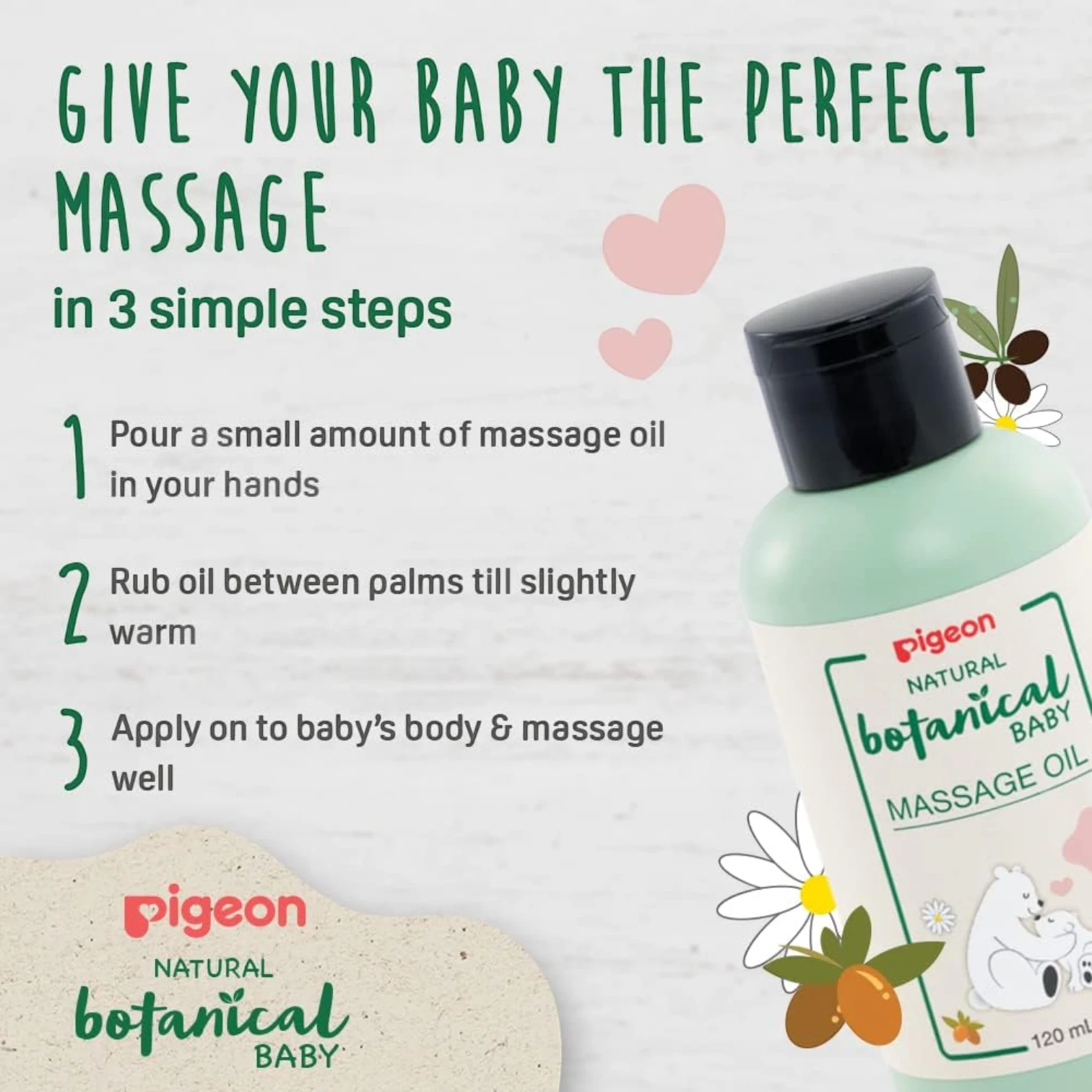 Pigeon Natural Botanical Baby Massage Oil 120ml – Hypoallergenic, Nourishing Blend with Olive, Argan & Chamomile Oils for Sensitive Baby Skin - Damoo