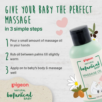 Pigeon Natural Botanical Baby Massage Oil 120ml – Hypoallergenic, Nourishing Blend with Olive, Argan & Chamomile Oils for Sensitive Baby Skin - Damoo