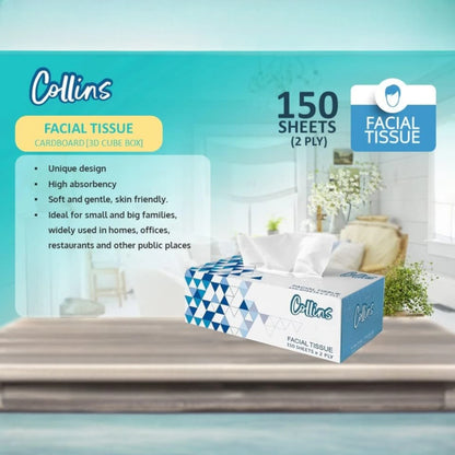 COLLINS Facial Tissue Box 150 Sheets X 2-Ply – [4 + 1] Value Pack, Soft & Gentle Tissues for Home, Office & On-the-Go - Damoo