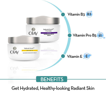 OLAY Natural Aura Morning and Night Cream 50g Pack Of 2 – Glowing Radiance Day Cream SPF 15, All-in-One Radiance Night Cream
