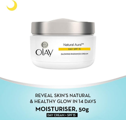 OLAY Natural Aura Morning and Night Cream 50g Pack Of 2 – Glowing Radiance Day Cream SPF 15, All-in-One Radiance Night Cream