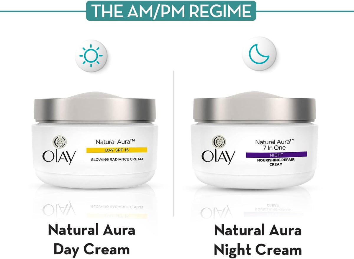 OLAY Natural Aura Morning and Night Cream 50g Pack Of 2 – Glowing Radiance Day Cream SPF 15, All-in-One Radiance Night Cream