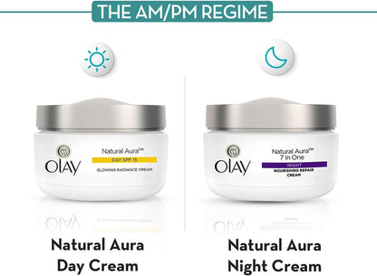 OLAY Natural Aura Morning and Night Cream 50g Pack Of 2 – Glowing Radiance Day Cream SPF 15, All-in-One Radiance Night Cream