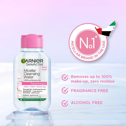 Garnier All-in-One Micellar Cleansing Water 100ml | Removes Makeup, Dirt & Pollution | Cleanses, Soothes & Hydrates | Fragrance-Free, Sensitive Skin Safe - Damoo