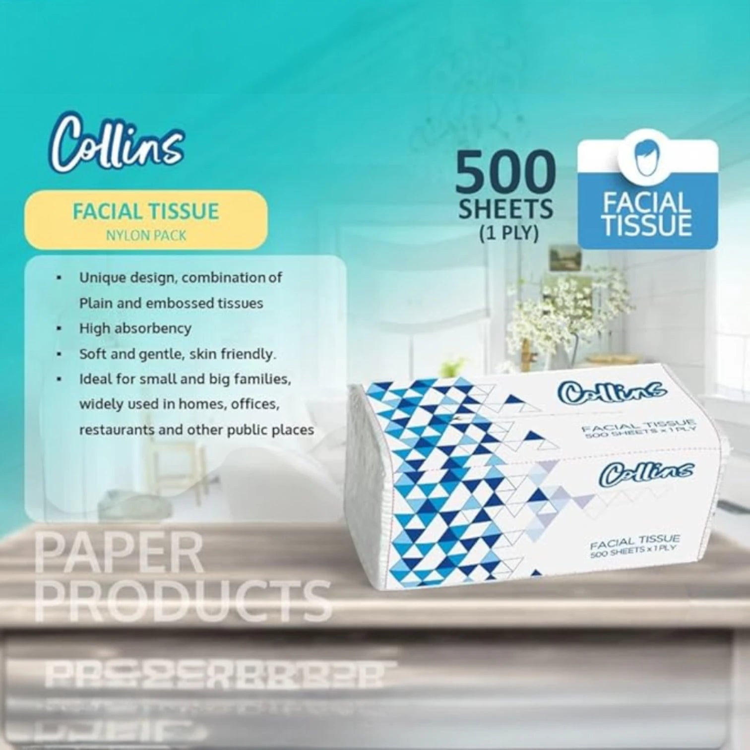 Collins Facial Tissue – Nylon Pack | 4 Packs × 500 Sheets, 1-Ply | Soft & Strong Everyday Tissues | 4 Pack Value Bundle - Damoo