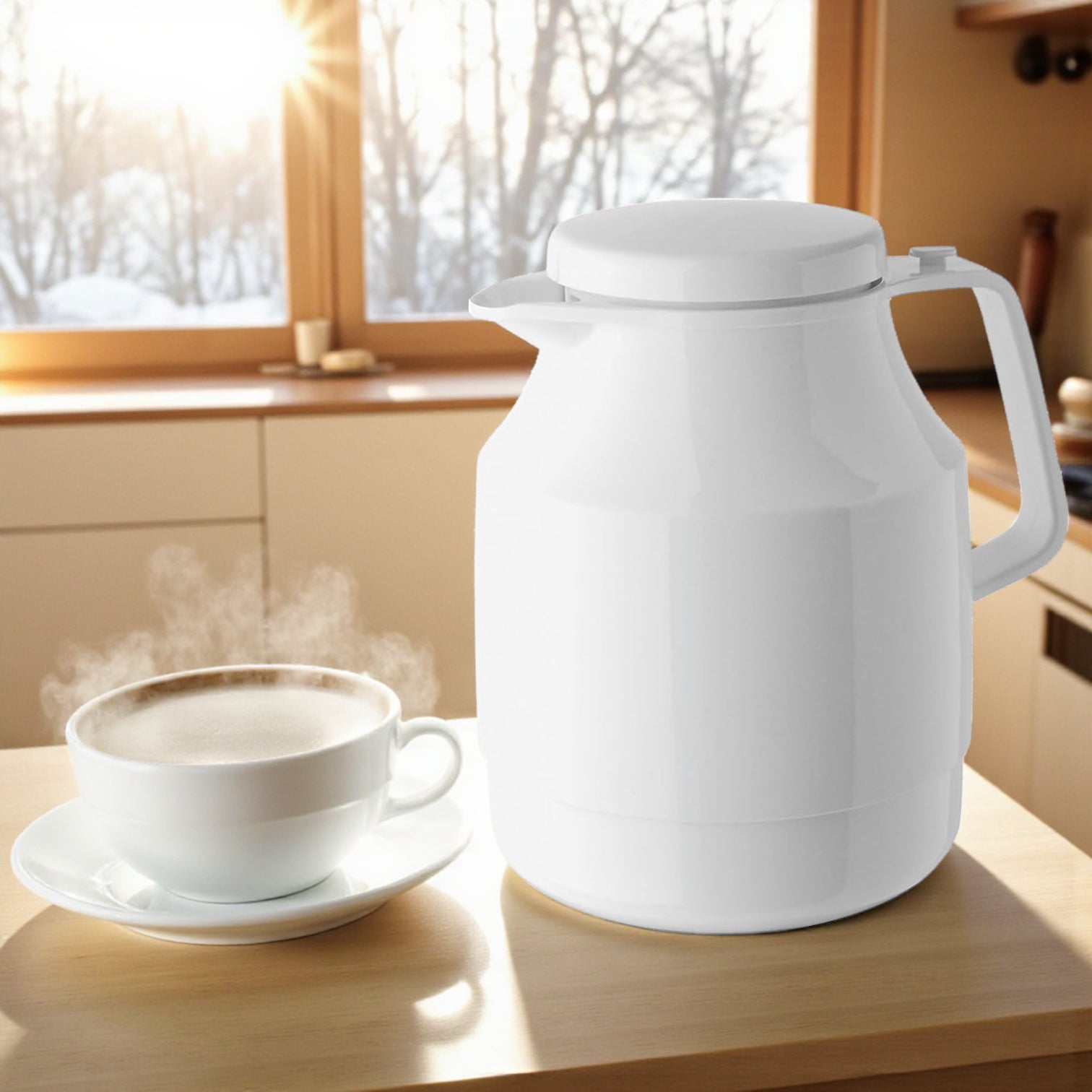 White thermos and steaming cup on a wooden surface with a window view of snow outside.