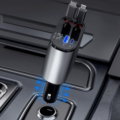 BWOO 4-in-1 Retractable Fast Car Charger 120W – Type-C + Lightning Cables with USB-A & USB-C Ports, Digital Display, 800mm Pull-Out Cable, Compatible with iPhone 15/14/13, Samsung Galaxy, Tablets & More