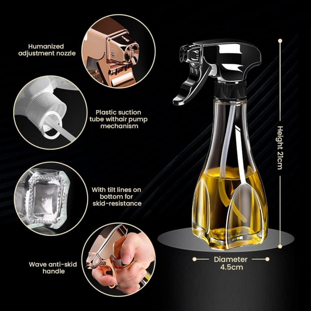 Multi-Purpose Oil Sprayer Bottle for Cooking, Air Fryer & BBQ with Adjustable Spray Nozzle, Trigger Pump & Leak-Resistant Design (21H x 10.5L × 6.5W CM) - Damoo