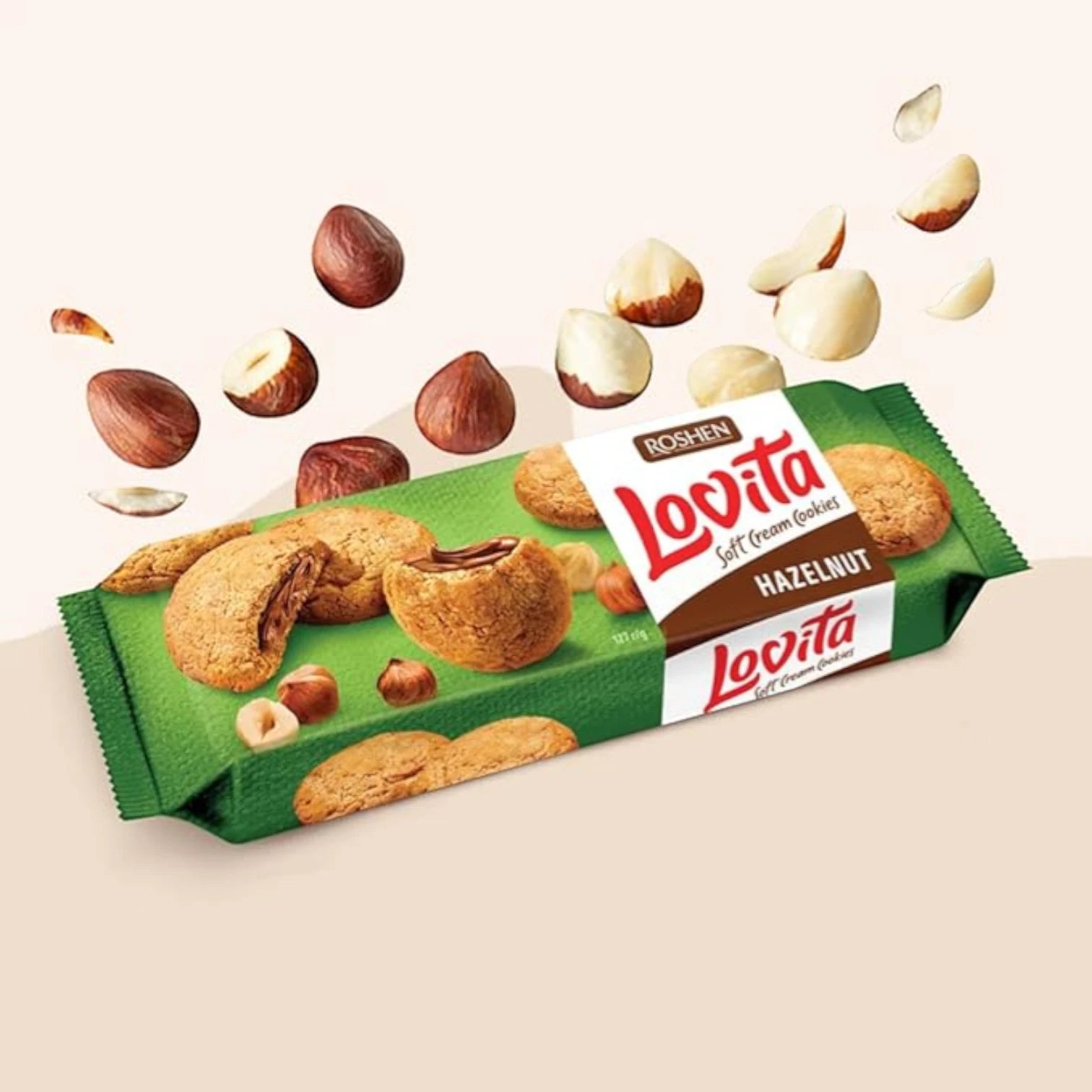Roshen Lovita Soft Cream Cookies – Hazelnut 3 x 127g Packs | Rich Hazelnut Cream Filling | Halal Certified | No Preservatives or Food Colors | Premium Ukrainian Snack - Damoo