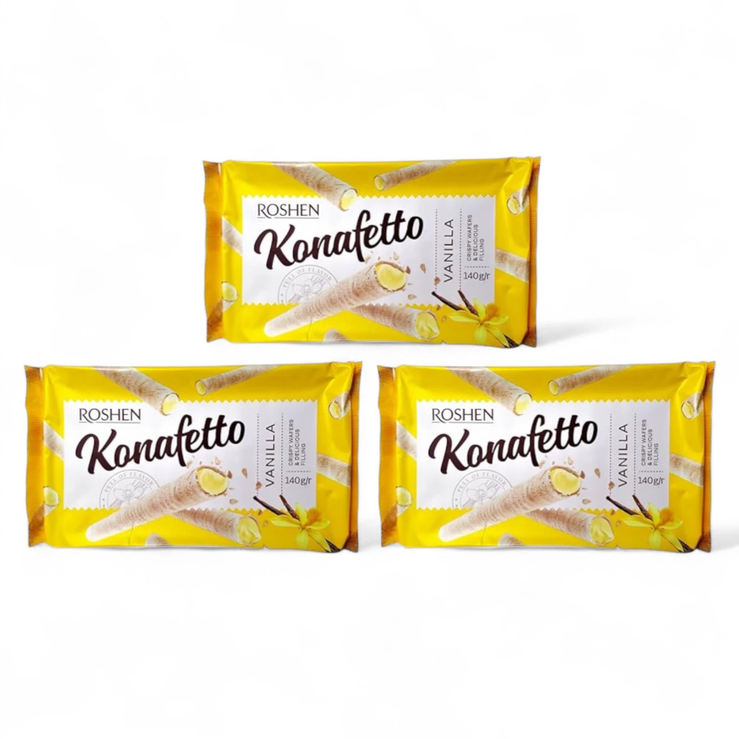 Roshen Konafetto Wafer Rolls with Vanilla-Cream Filling – 3 x 140g | Crispy Rolled Wafers with Smooth Vanilla Cream | Kosher & Halal | No Preservatives or Food Colors - Damoo
