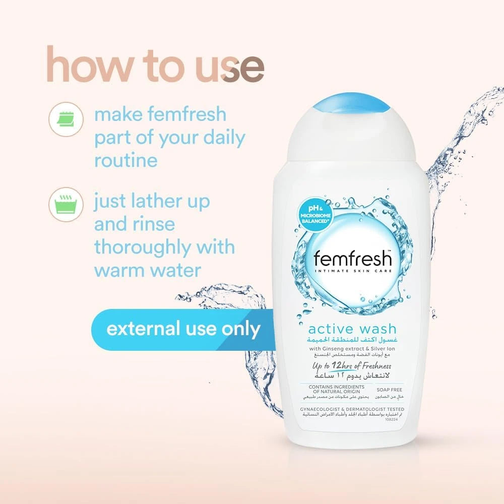 Femfresh Intimate Skincare Ultimate Care Active Fresh Wash for Women, Soap-Free pH-Balanced Daily Intimate Cleanser with Calendula & Mallow Extracts, Dermatologically & Gynaecologically Tested – 250ml - Damoo