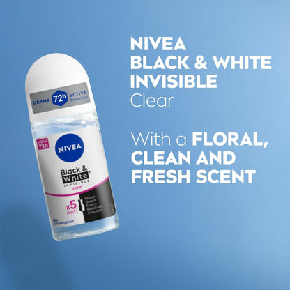 NIVEA Black & White Invisible Clear Antiperspirant Roll-On 50ml – 72h Protection | Odour, Sweat, Stain and Residue Control