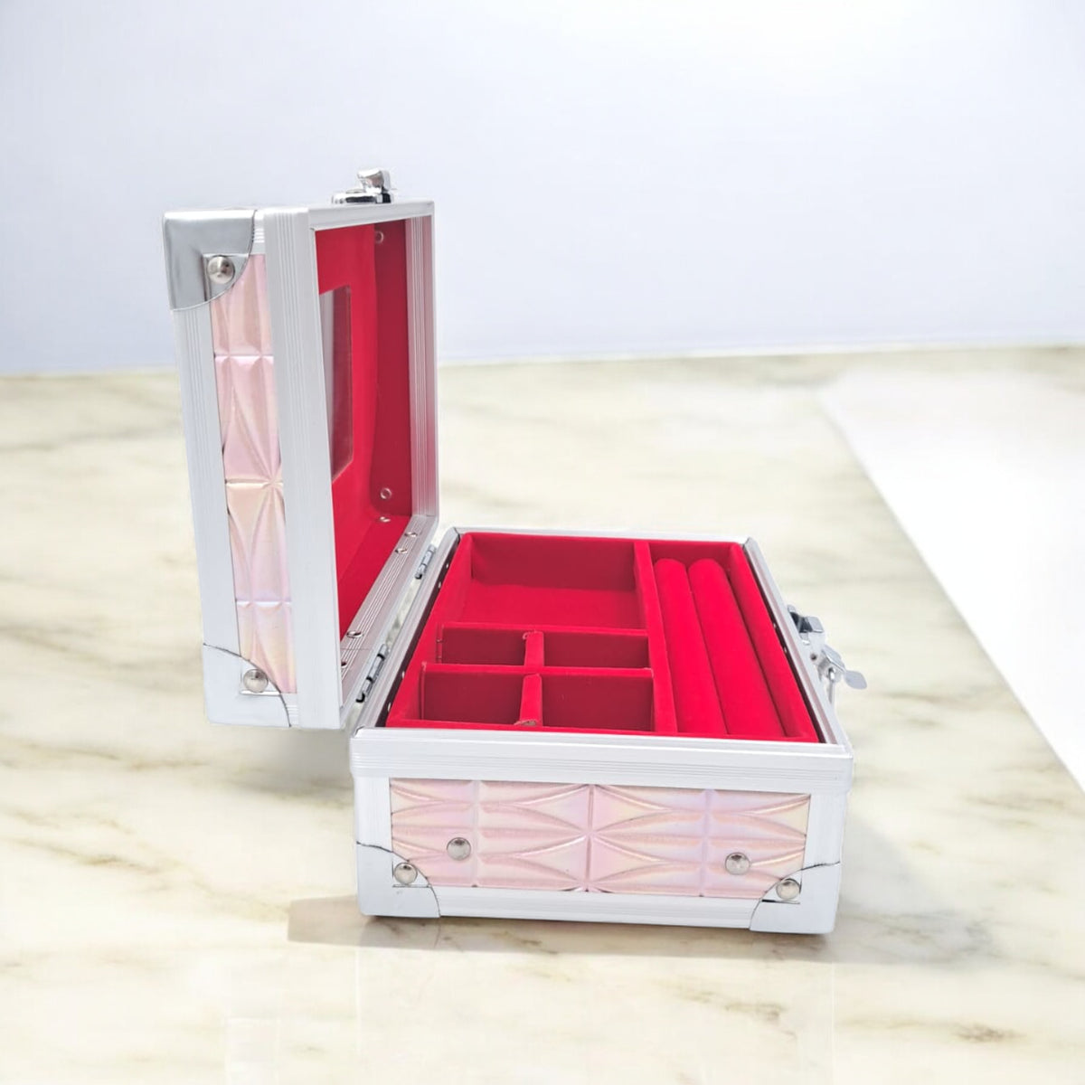 Premium Aluminum Jewelry Storage Box with Mirror & Removable Velvet Organizer – Compact Makeup & Accessories Case (H14cm x W13cm x L18cm) - Damoo