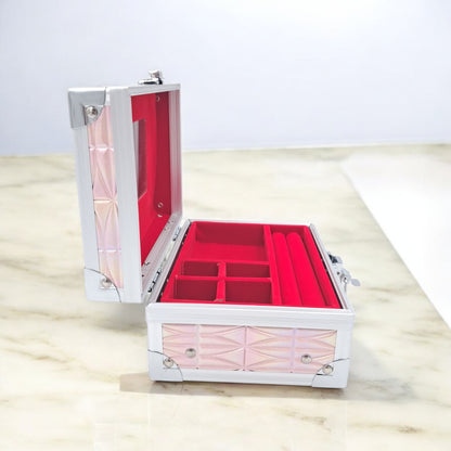 Premium Aluminum Jewelry Storage Box with Mirror & Removable Velvet Organizer – Compact Makeup & Accessories Case (H14cm x W13cm x L18cm) - Damoo