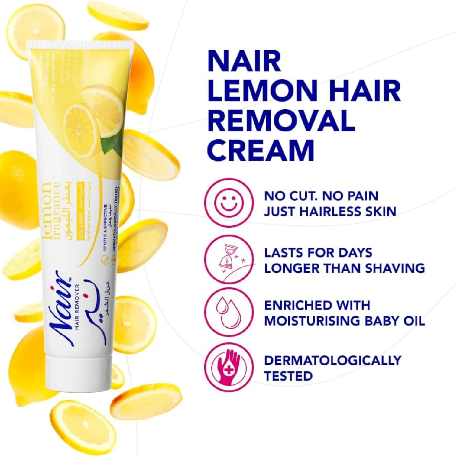 Nair Hair Removal Cream with Lemon Fragrance & Baby Oil – 110g | Long-Lasting Smooth Skin for All Skin Types | Gentle & Effective - Damoo