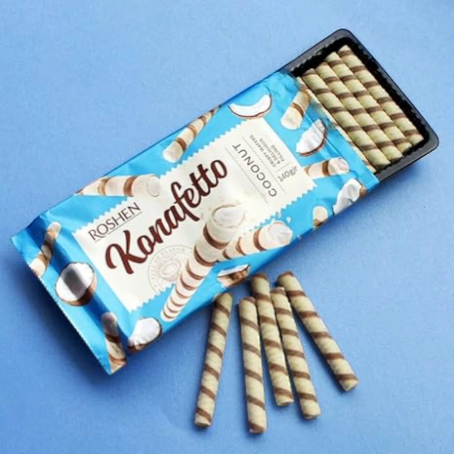 Roshen Konafetto Wafer Rolls with Coconut Cream Filling – 3X140g | Crispy Rolled Wafers with Exotic Coconut Flavor | Sweet Snack from Ukraine - Damoo