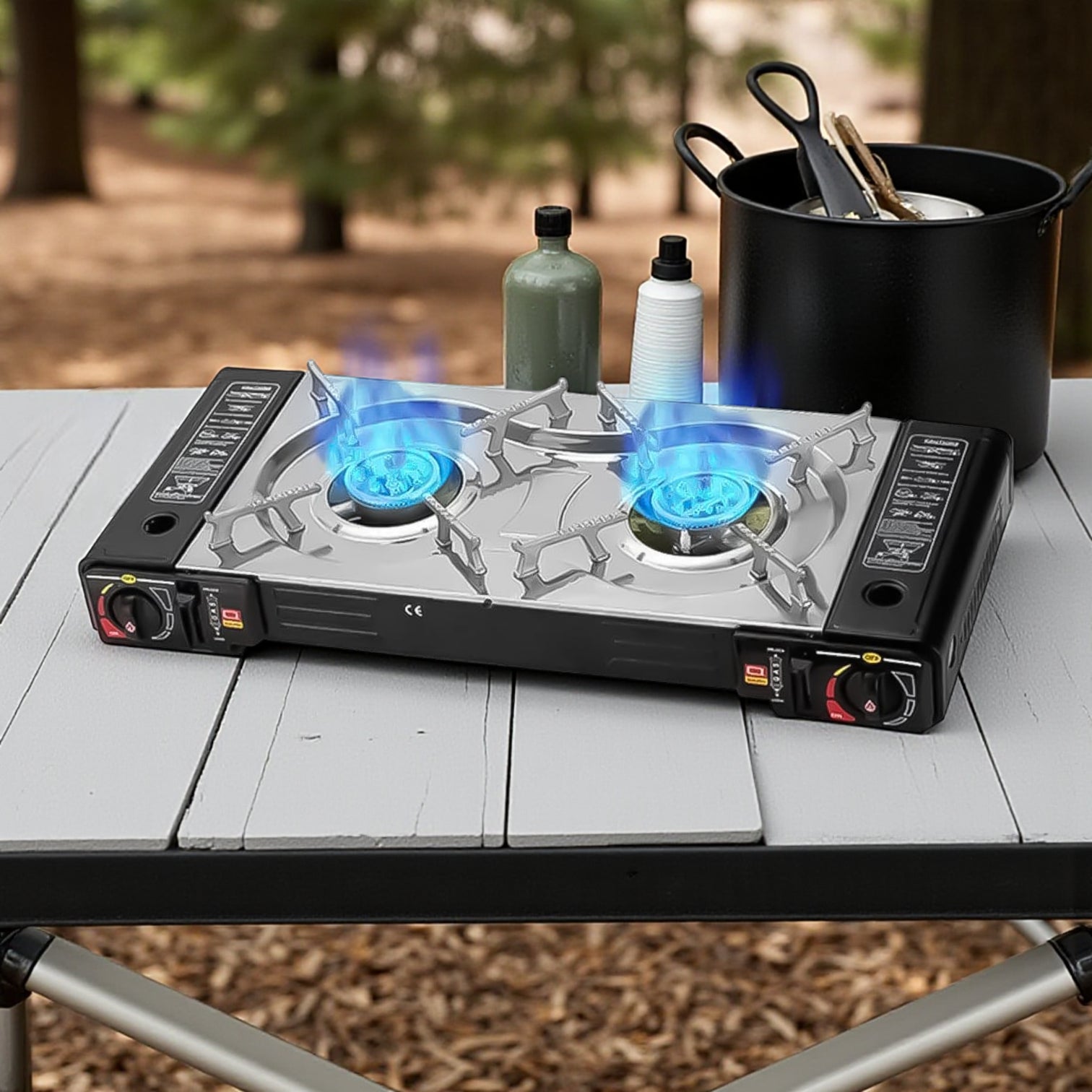 Gaskocher Double Burner Portable Camping Gas Stove – Lightweight Outdoor Gas Cooker with Automatic Ignition, Enamel Pan Holder, and High Heat Output – Ideal for Home, Camping & Picnics