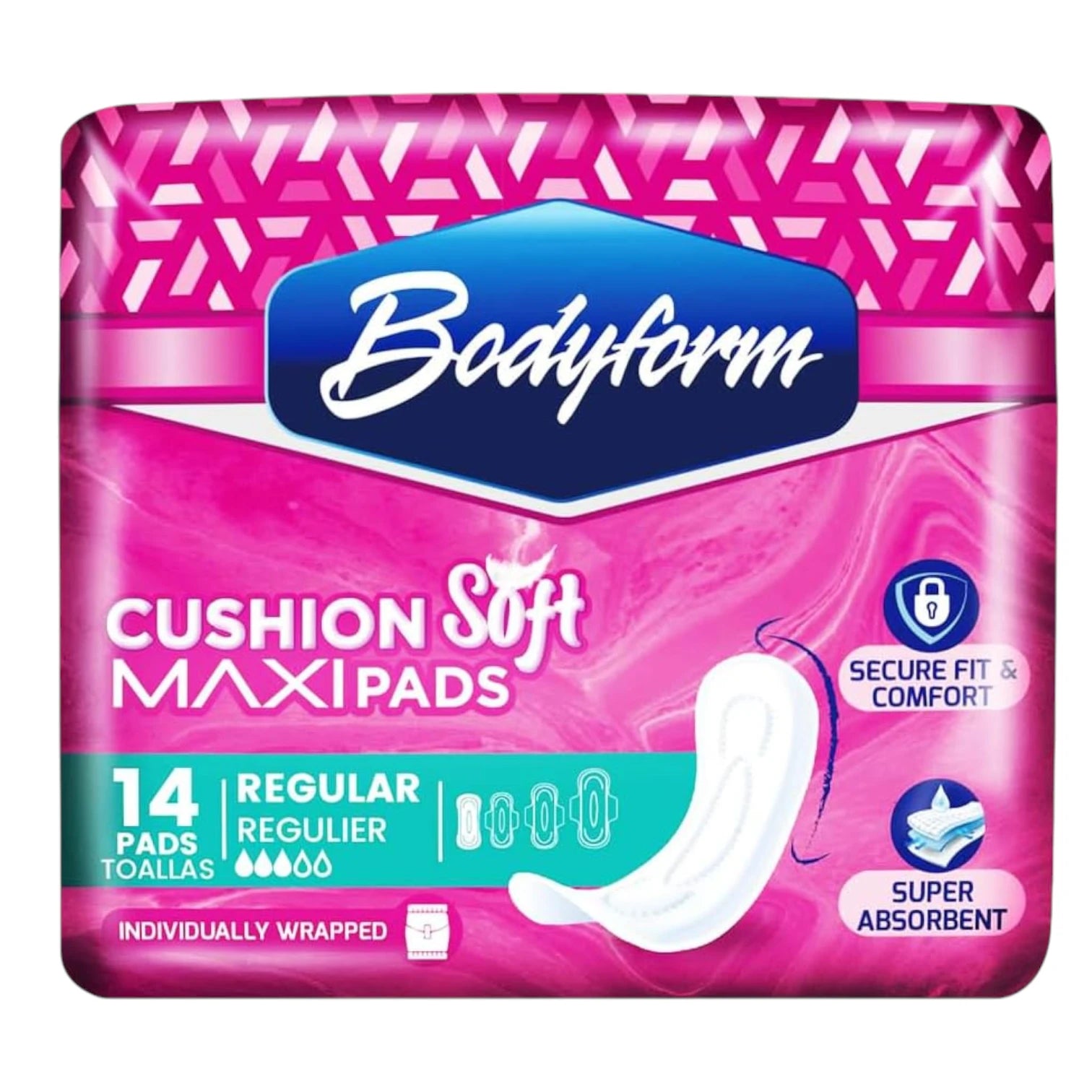 Bodyform Cushion Soft Maxi Pads – 14 Count | Regular Flow | Super Absorbent & Comfortable Sanitary Napkins | Individually Wrapped for On-the-Go Protection - Damoo