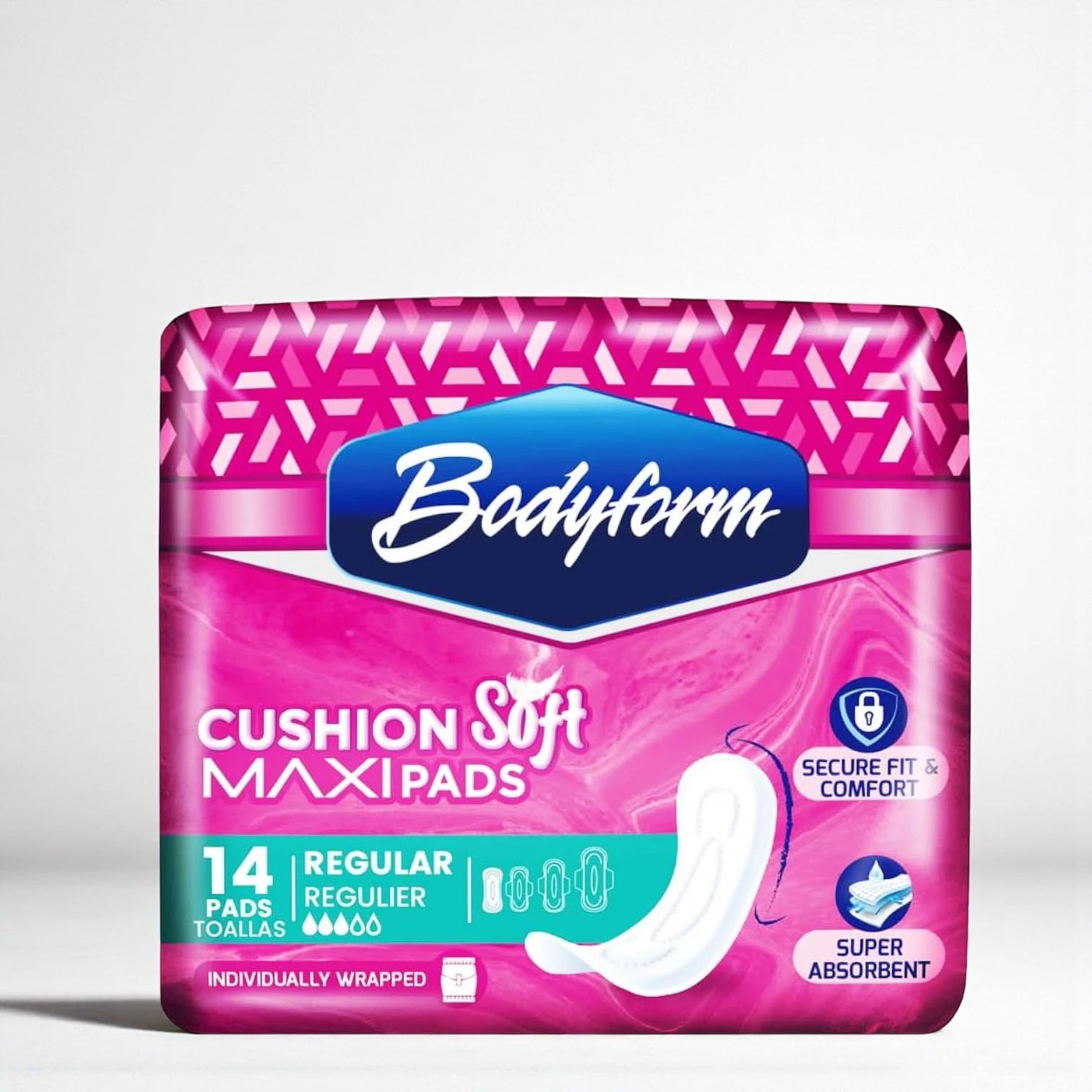 Bodyform Cushion Soft Maxi Pads – 14 Count | Regular Flow | Super Absorbent & Comfortable Sanitary Napkins | Individually Wrapped for On-the-Go Protection - Damoo