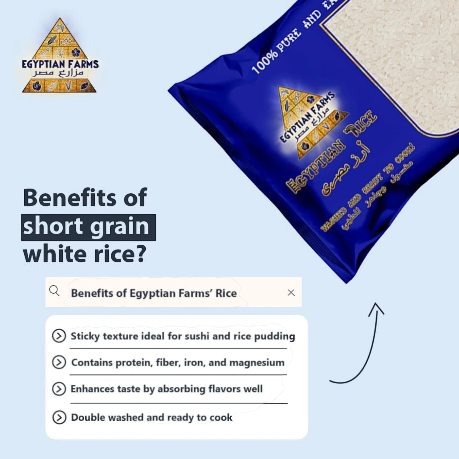 Egyptian Farms Rice – 2 Packs x 1kg | Pure Egyptian Rice, Double Washed & Ready to Cook, No Artificial Additives - Damoo