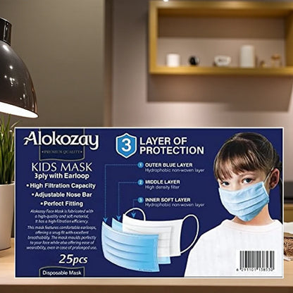 Alokozay Kids 3-Ply Disposable Face Masks – Blue, 25 Pieces | CE Certified, Made in UAE | Comfortable Earloops & Adjustable Nose Bar - Damoo