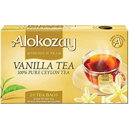 Alokozay Vanilla Flavored Ceylon Black Tea – 25 Foil-Wrapped Tea Bags x Pack of 24 | Premium Hand-Picked Pure Ceylon Tea with Soothing Vanilla Notes - Damoo