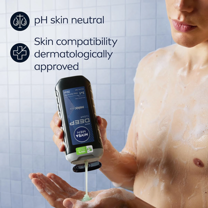 NIVEA MEN Deep 3in1 Shower Gel 250ml – Micro-Fine Clay Deep Cleansing Body Face & Hair Wash with Woody Fragrance pH Balanced - Damoo