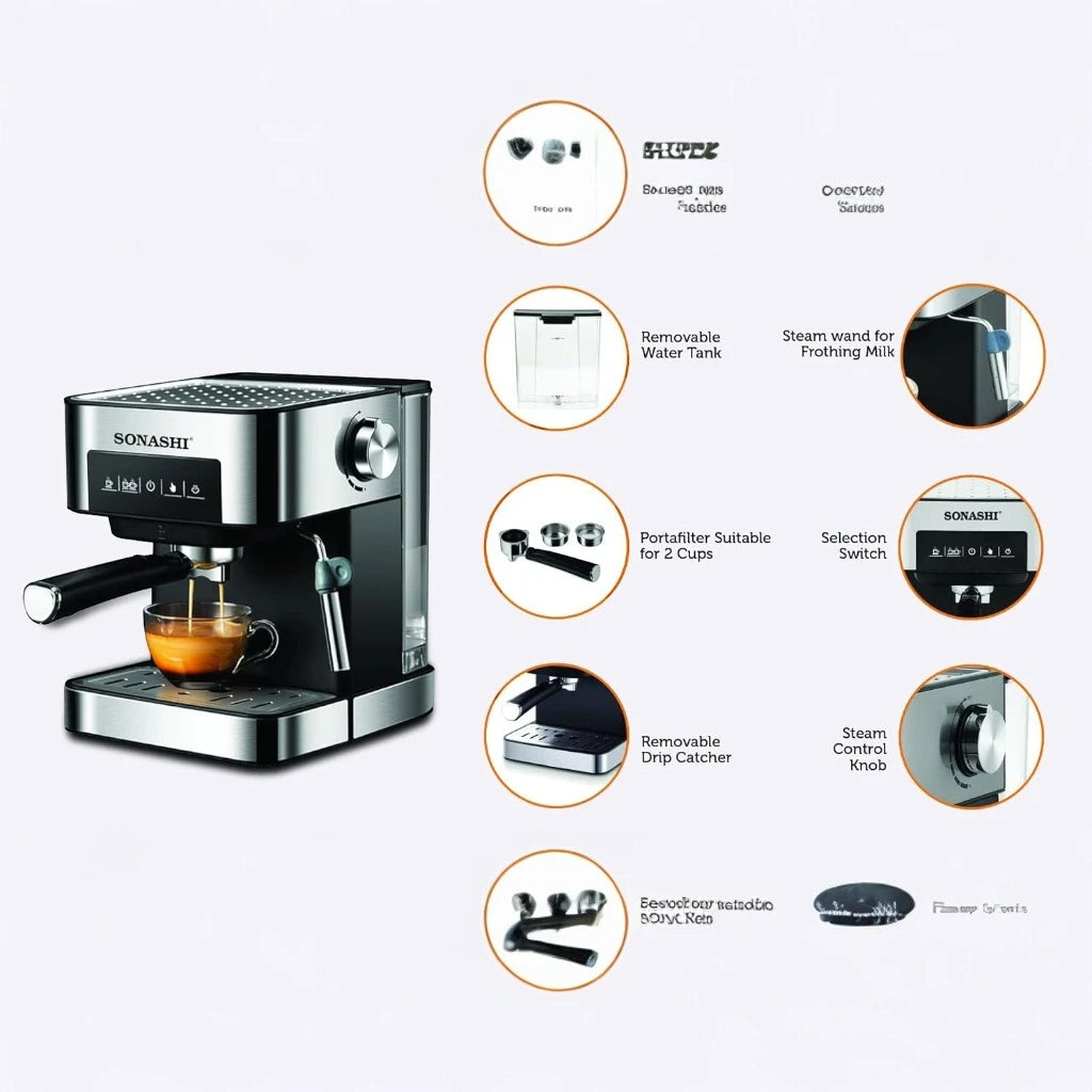 Sonashi All-in-One Coffee Machine – 850W Espresso Maker with Touch Control Panel, 15 Bar Pressure, 1L Removable Water Tank, Steam Nozzle & Overheat Protection – Countertop Coffee Maker for Home & Office - SCM-4964 - Damoo
