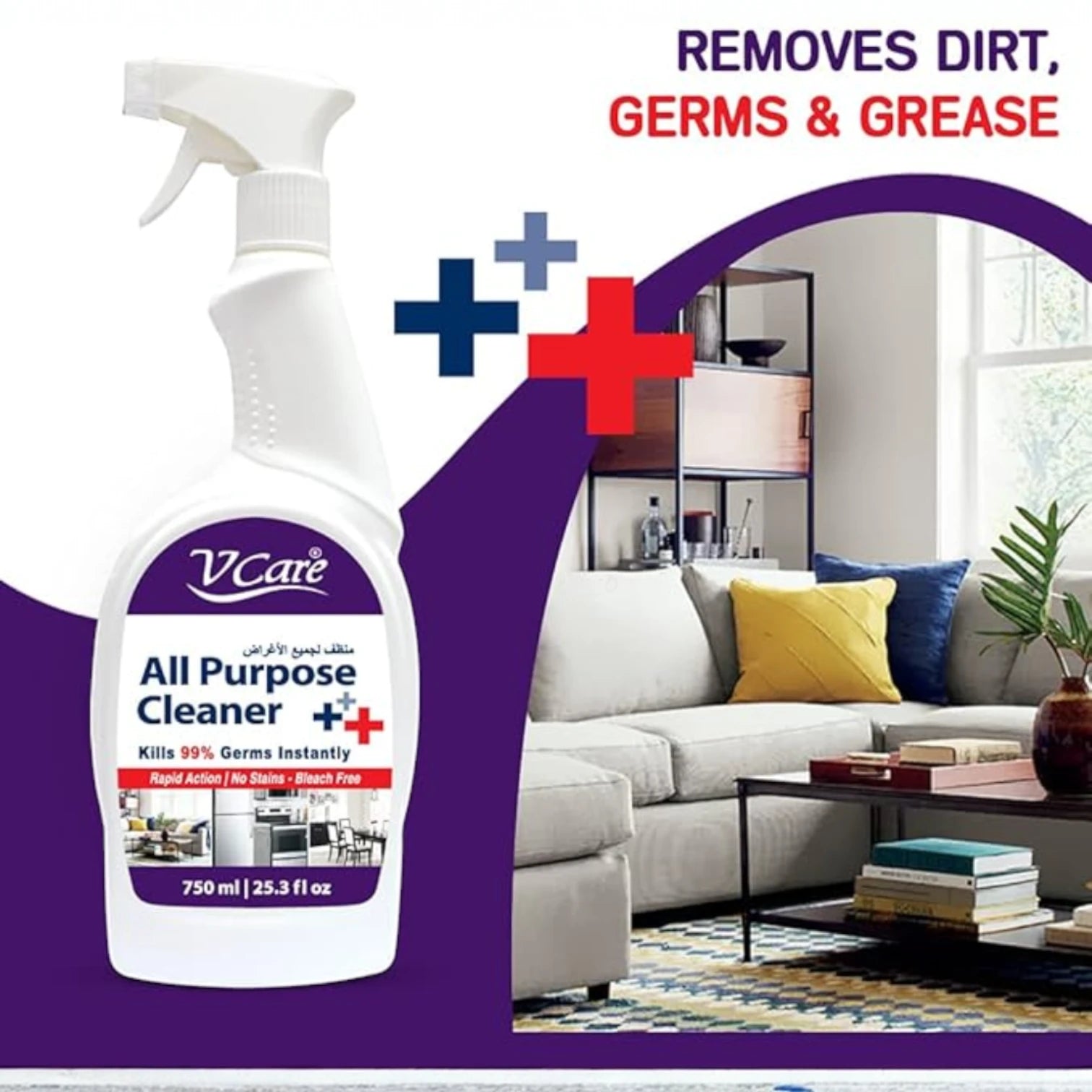 V Care All-Purpose Cleaner Spray – 750ml x 2 Pack | Versatile Multi-Surface Cleaner | Removes Tough Stains, Disinfects & Leaves Fresh Scent