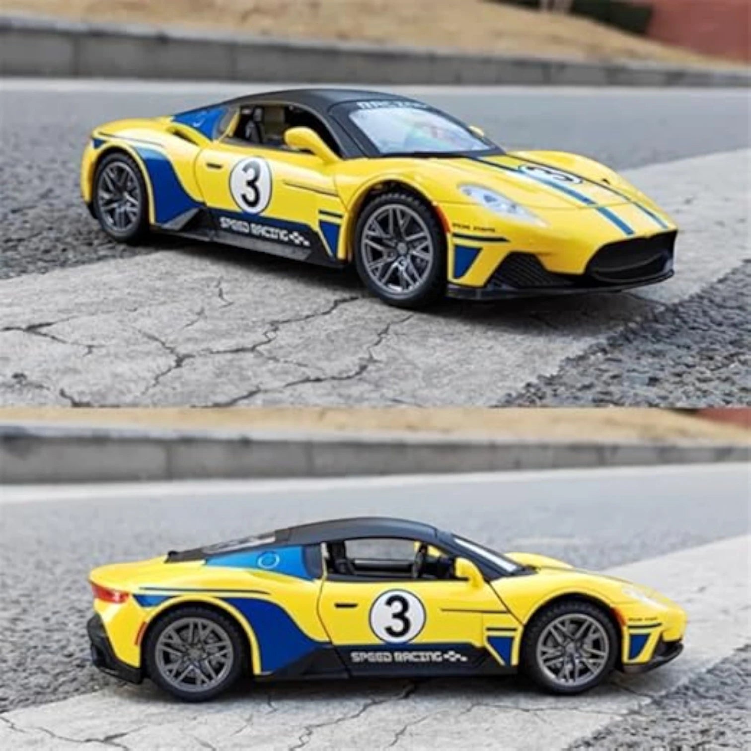 HCF 1:22 Scale Metal Diecast Pull Back Car with Spray, Music & Light – Yellow Sports Racing Car with Openable Doors, Hood, Engine Sound & LED Lights