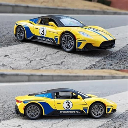 HCF 1:22 Scale Metal Diecast Pull Back Car with Spray, Music & Light – Yellow Sports Racing Car with Openable Doors, Hood, Engine Sound & LED Lights