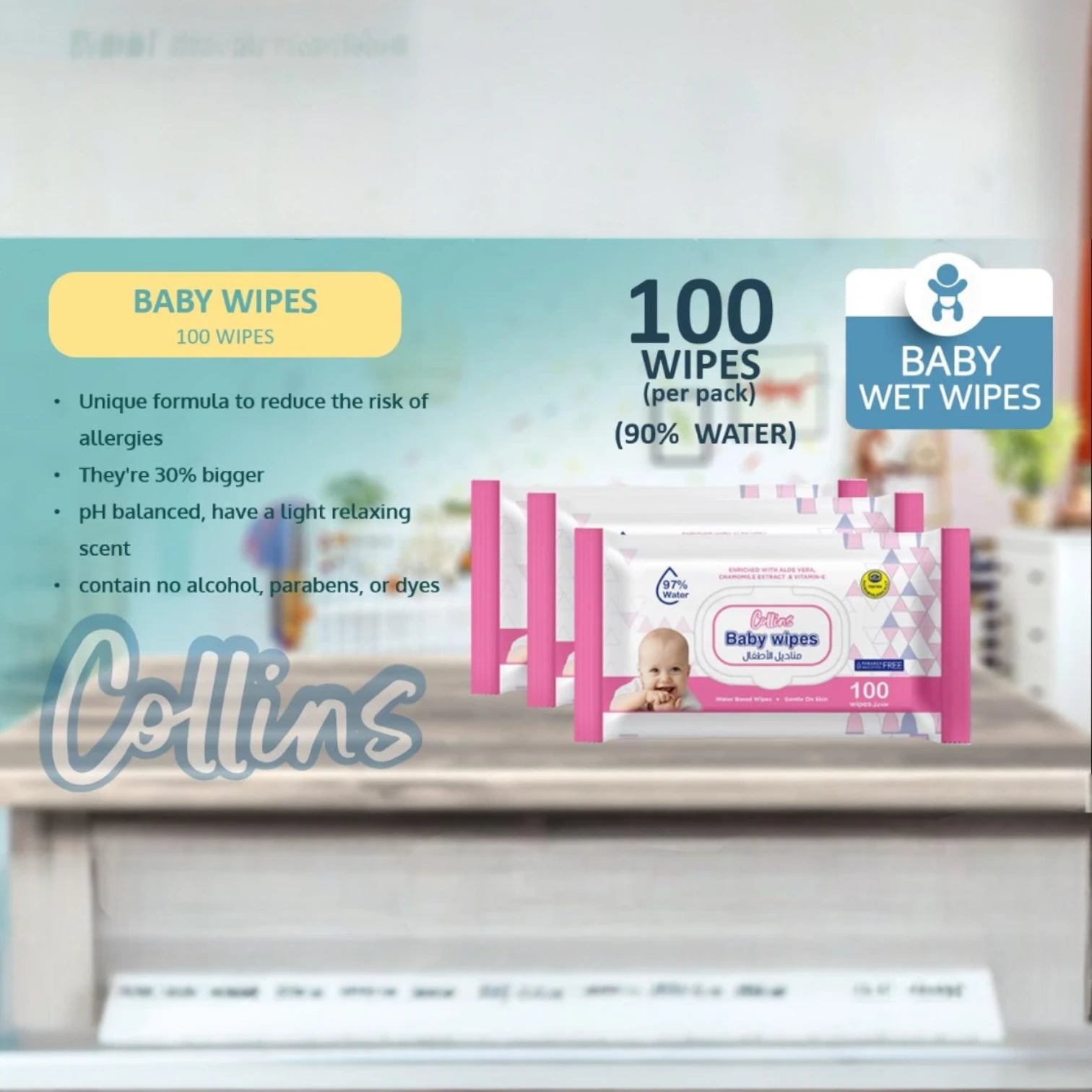 COLLINS Baby Wipes Pack of 2 – 100 Ultra-Soft Sheets per Pack, Flip-Top, Hypoallergenic & Aloe Vera Enriched for Sensitive Skin - Damoo