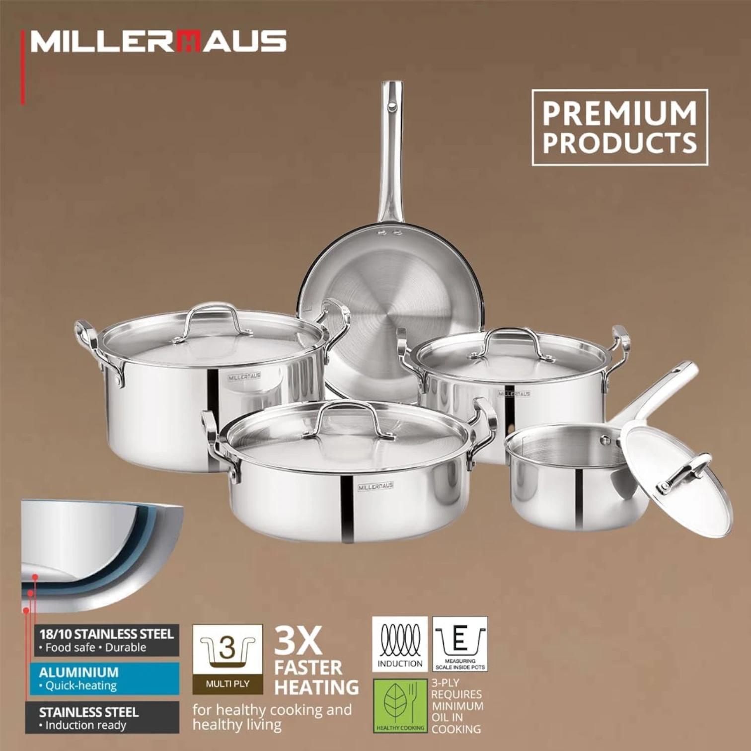 Millerhaus 9-Piece Stainless Steel Cookware Set – Premium 18/10 Steel, Saucepan, Frypan, Casseroles & Deep Pot with Lids, Durable & Induction Ready (MHIN-0832) - Damoo