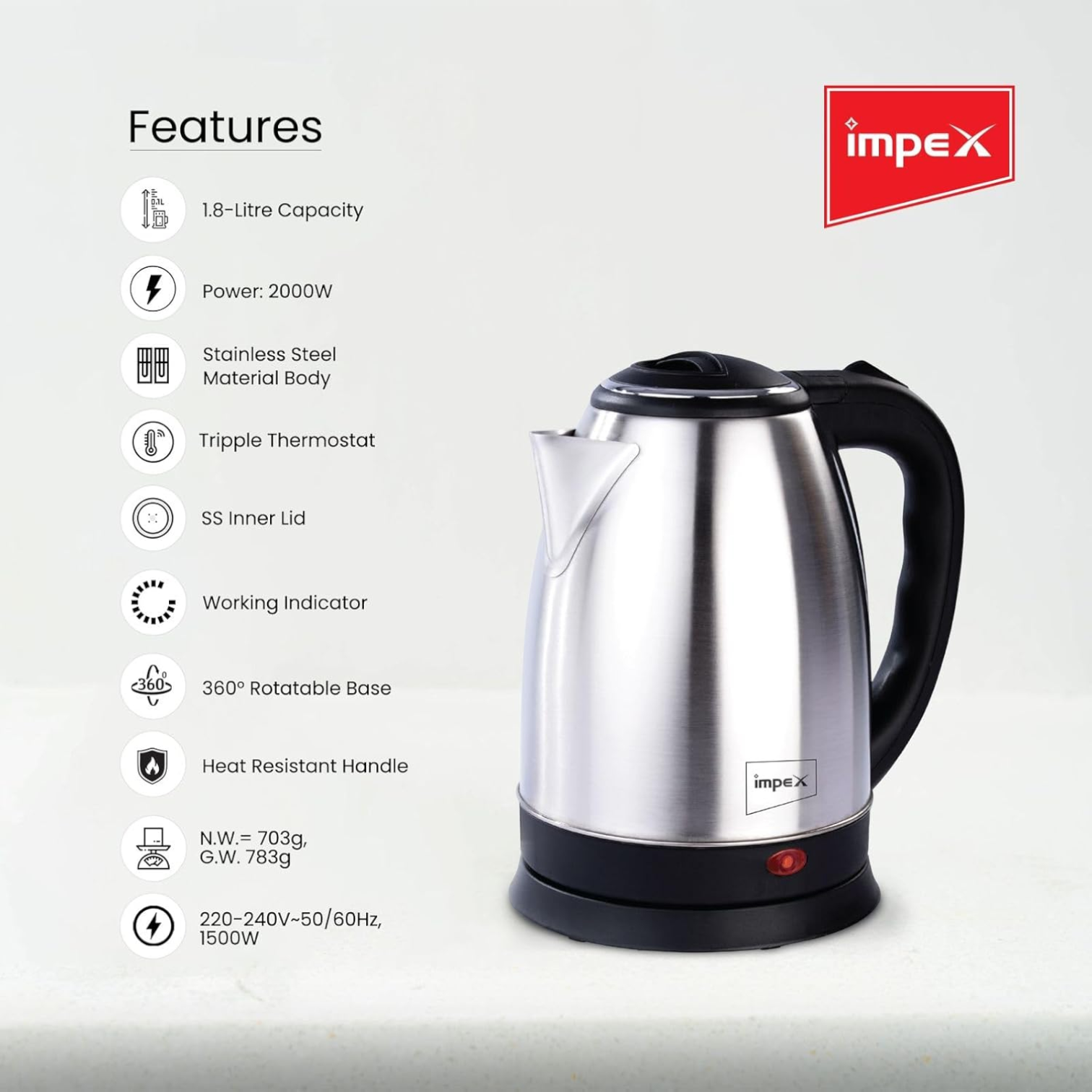 Impex STEAMER 1803 Stainless Steel Electric Kettle – 1.8L Capacity, 1500W Power, Triple Thermostat & Heat-Resistant Handle