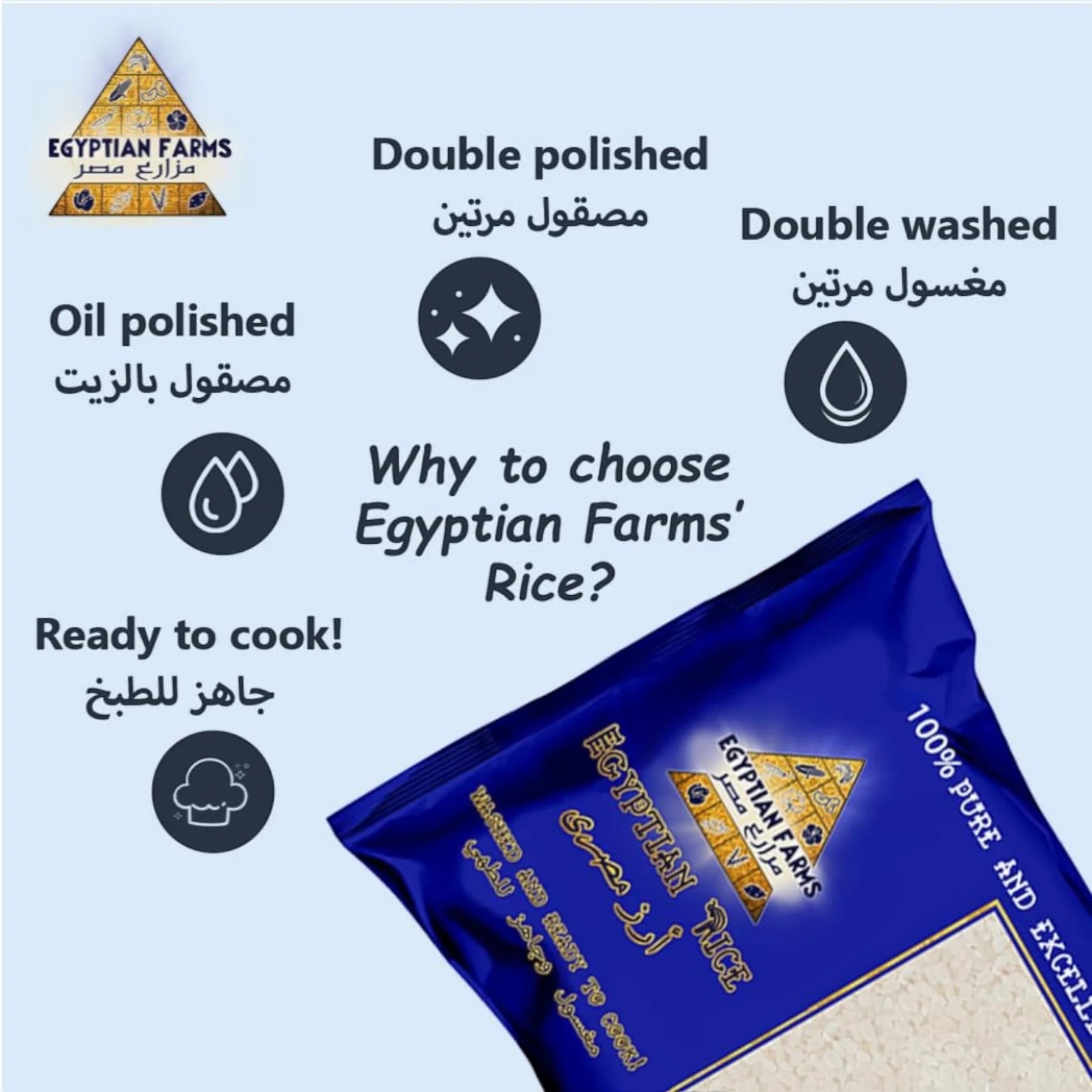 Egyptian Farms Rice – 2 Packs x 1kg | Pure Egyptian Rice, Double Washed & Ready to Cook, No Artificial Additives - Damoo