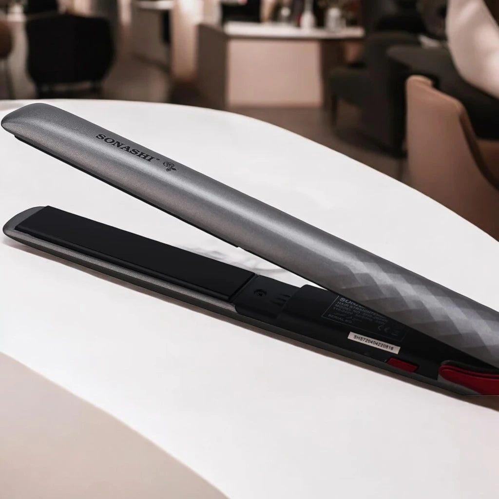 Sonashi Hair Straightener with Ceramic Coating Plates – LCD Display, Max Temperature 200°C, 360° Swivel Cord, Fast Heat-Up, Auto Shut-Off – Frizz-Free, Salon-Quality Styling – Silver, 35W - SHS-2024N - Damoo