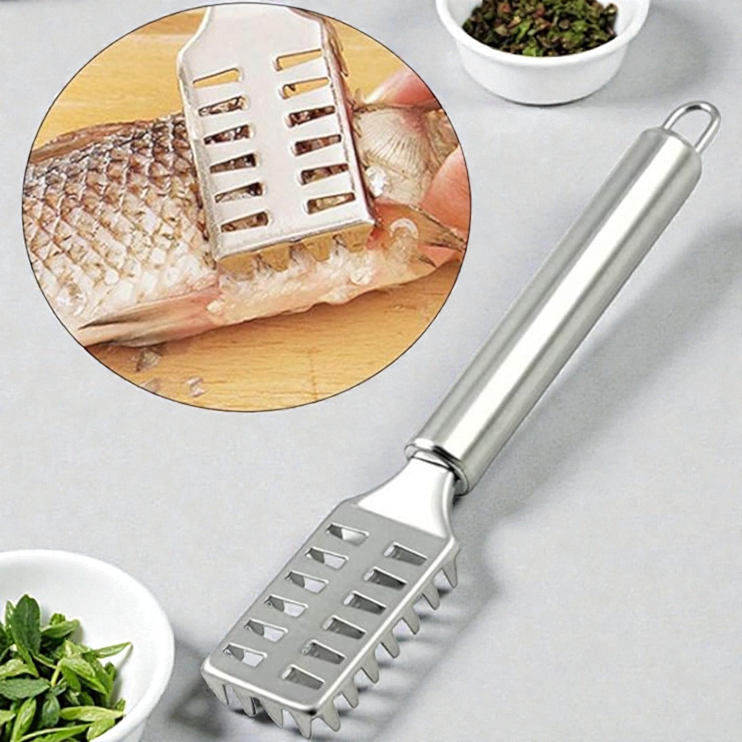 Stainless Steel Fish Scale Remover & Scraper with Serrated Teeth – Heavy-Duty Fish Cleaning Tool for Kitchen & Seafood Prep (19L CM) - Damoo