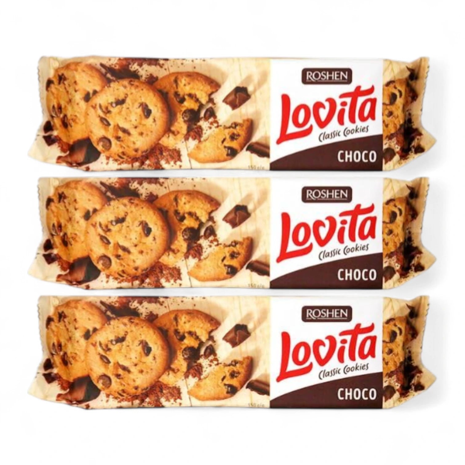 Roshen Lovita Classic Cookies with Chocolate Chips – Pack of 3 | Rich Chocolate Flavor | Natural Ingredients | Resealable Pack - Damoo