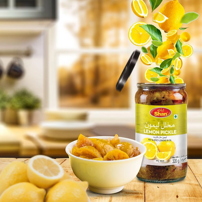 Shan Lemon Pickle 320g – Authentic Hot & Spicy Lemon Achar in Sunflower Oil | Tangy Indian-Style Pickle with Mixed Spices | Vegetarian, Halal Certified, No Artificial Flavors | Glass Jar Pack - Damoo