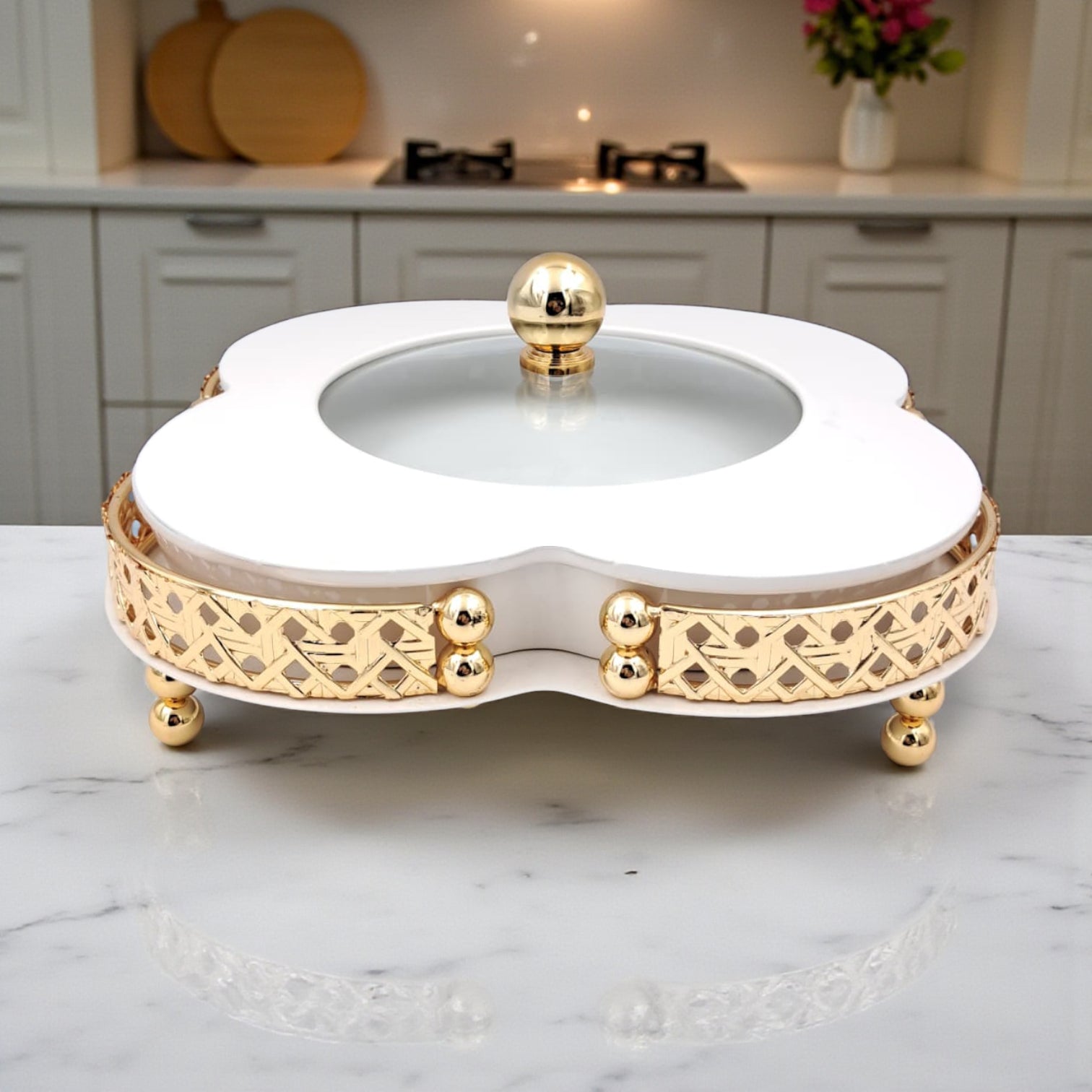 Elegant Ceramic Serving Bowl with Golden Metal Stand and Glass Lid – Luxury Flower-Shaped Dish for Sweets, Snacks & Dry Fruits | Al Habbai Collection - Damoo