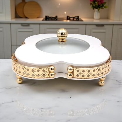 Elegant Ceramic Serving Bowl with Golden Metal Stand and Glass Lid – Luxury Flower-Shaped Dish for Sweets, Snacks & Dry Fruits | Al Habbai Collection - Damoo