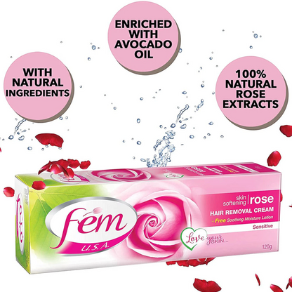 FEM Rose Hair Removal Cream Twin Pack – 2 x 120g | With Rose & Avocado Extracts + pH Balancing Lotion | Smooth & Nourished Skin for All Types - Damoo