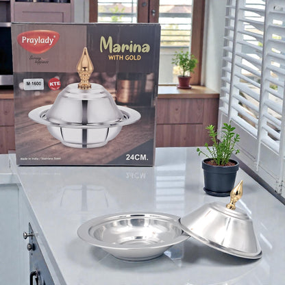 Praylady Marina Stainless Steel Serving Bowl With Gold Knob Lid – Luxury Date & Sweets Dish for Arabic Hospitality (20H x 24L × 24W CM) - Damoo