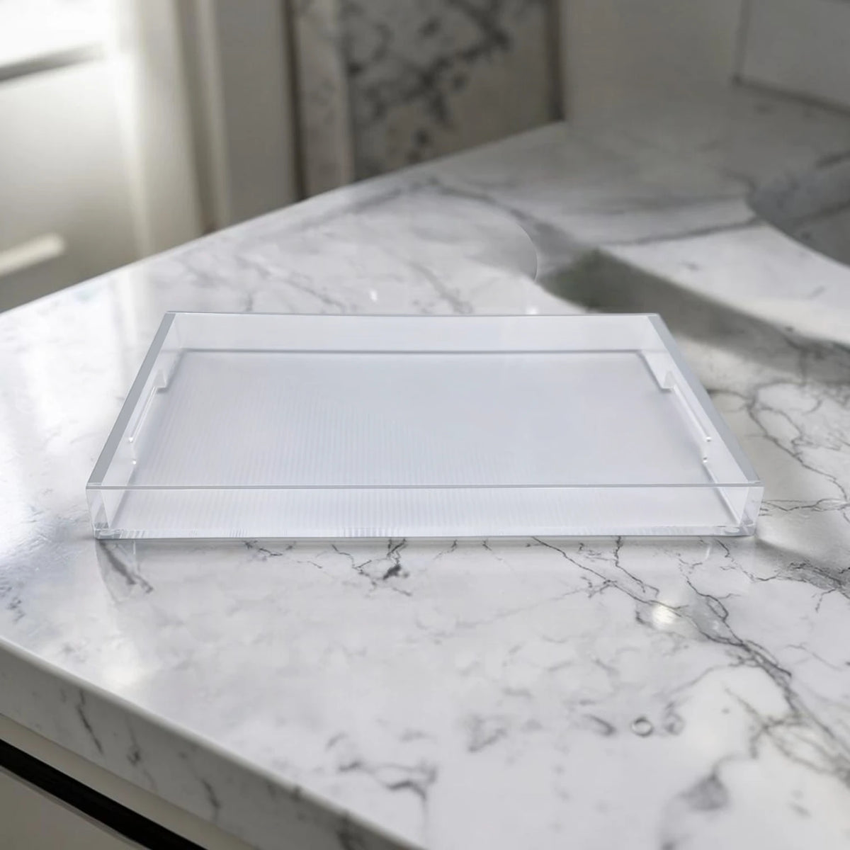 Clear Acrylic Serving Tray with Gold & Silver Edge Design – Modern Rectangular Organizer Tray (4H x 45L x 30W CM) - Damoo