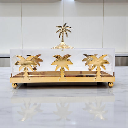 صندوق زخرفي فاخر على شكل شجرة نخيل من الأكريليك والذهب - صينية تخزين أنيقة مع غطاء وقاعدة ذهبية وتصميم نخلة (الارتفاع 16 سم × العرض 10 سم × الطول 24.5 سم)  