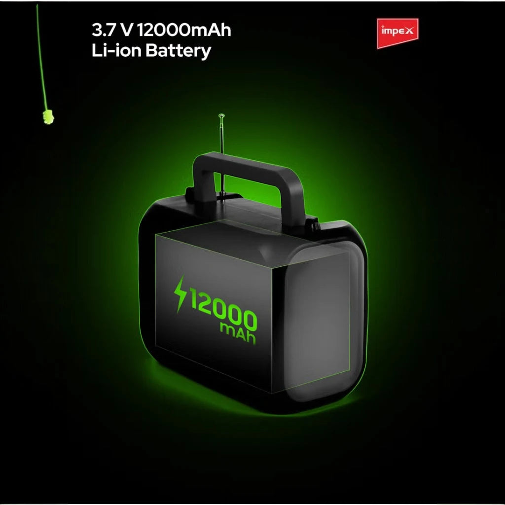 Impex Multifunctional Portable Power Station IP 12001 – 12000mAh Li-Iron Battery with 6V 8W Solar Panel, 5W Torch, FM Radio, Bluetooth Speaker, 3x2W LED Bulbs & Warning Lights – Ideal for Camping, Emergency & Outdoor Use - Damoo