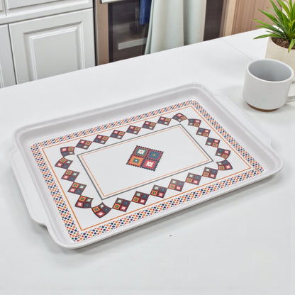 Traditional Rectangular Serving Tray – White Plastic Tray with Arabic Geometric Design | Durable Lightweight Tray for Tea, Coffee & Snacks - Damoo