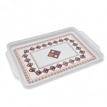 Traditional Rectangular Serving Tray – White Plastic Tray with Arabic Geometric Design | Durable Lightweight Tray for Tea, Coffee & Snacks - Damoo