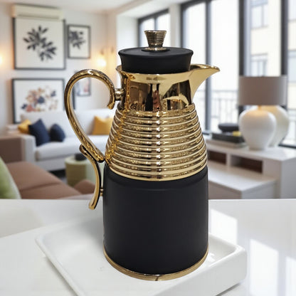 GERMAX Original Gold & Black Vacuum Flask 1L – Arabic Coffee & Tea Thermos | PINK Glass Refill | 12H Heat Retention | Luxury Gold Handle Design | Made in P.R.C. - Damoo